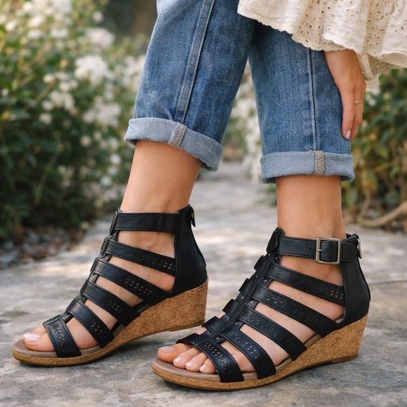Earth Shoes - Gladiator Black Leather Wedge Zip Up Sandals‎ Womens 9 Comfort Arch Support Boho